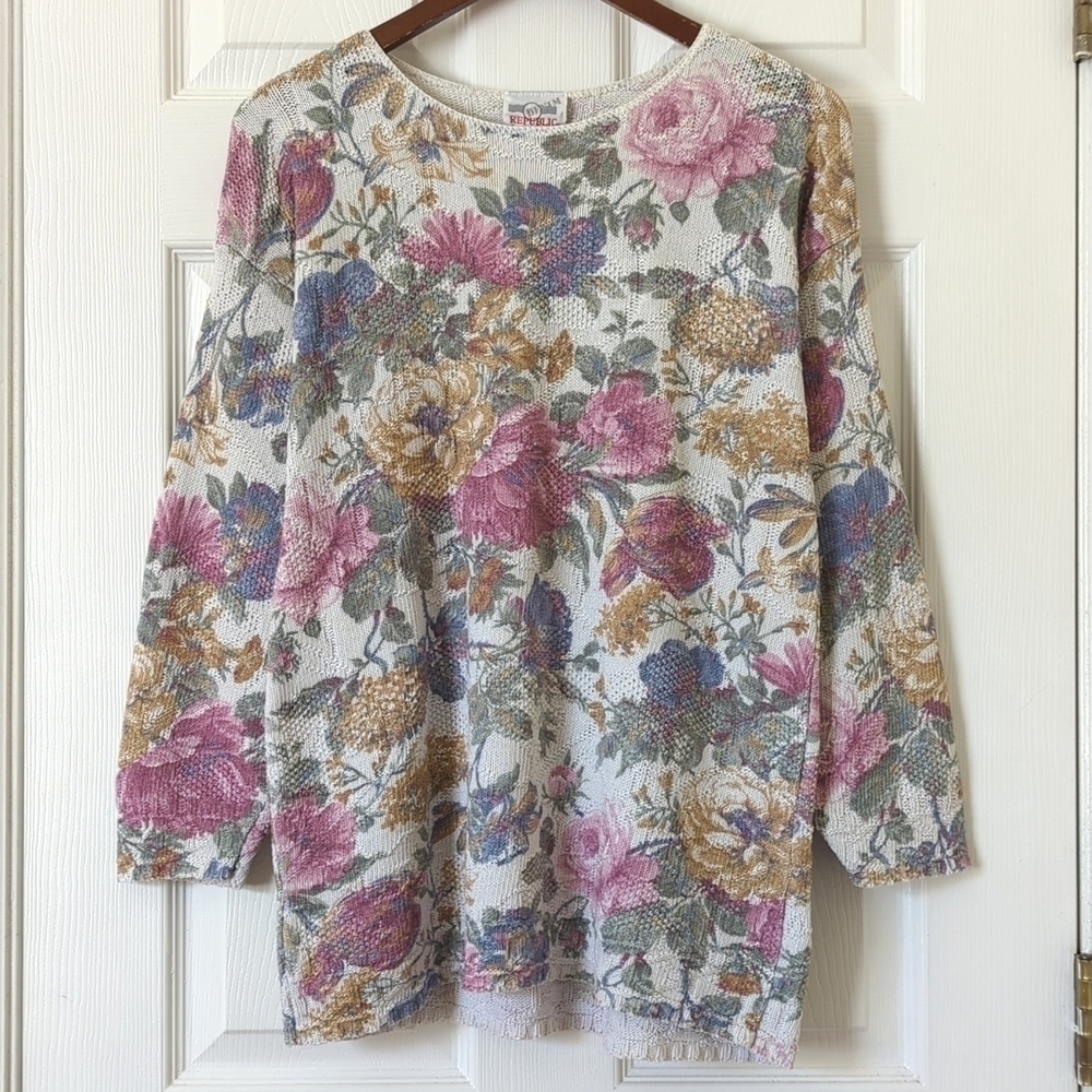 Denim Republic 80's Vintage Floral Printed Jacquard Knit Round Neck Sweater S